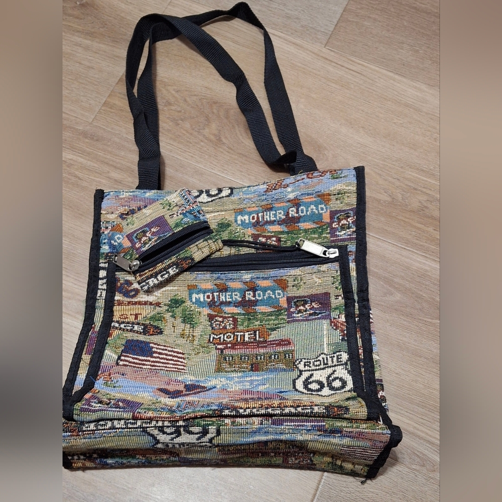 Route 66 Large Fabric Tapestry Print Tote Bag with Coin Purse.